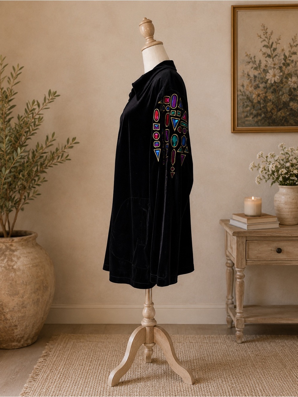 Bob Mackie Wearable Art Velour Zip Jacket 2X Black Embroidered Art To Wear Jewel - Picture 8 of 9